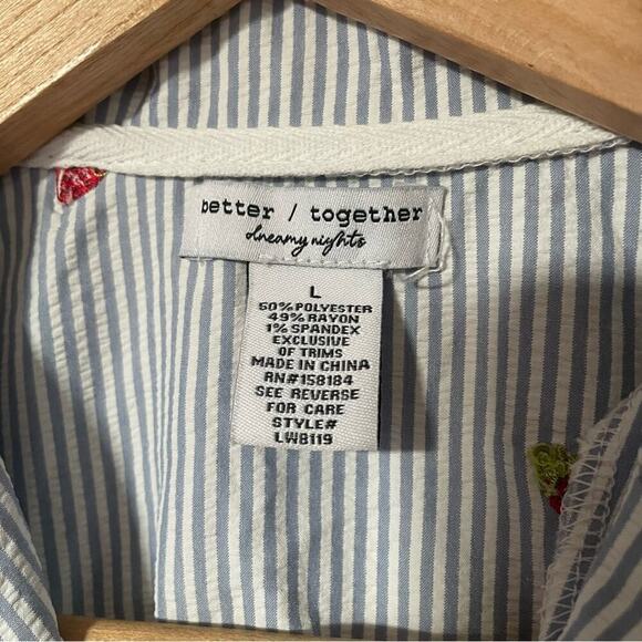 Blue and White Striped Button-Up Pajama Shirt with Strawberries size Large - Picture 6 of 6